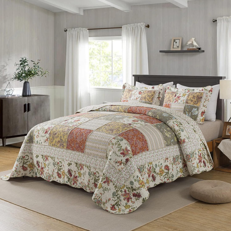 HoneiLife King Size 3‑Piece Paisley Farm Brown Handmade Patchwork Quilt Set, 100% Cotton Bedding Quilt with Matching Pillow Shams