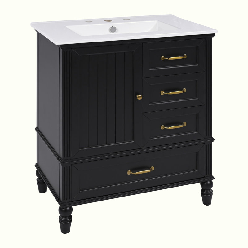 Meuble-lavabo avec lavabo et armoire avec tiroirs, Noir, noir, noir, noir, Doré