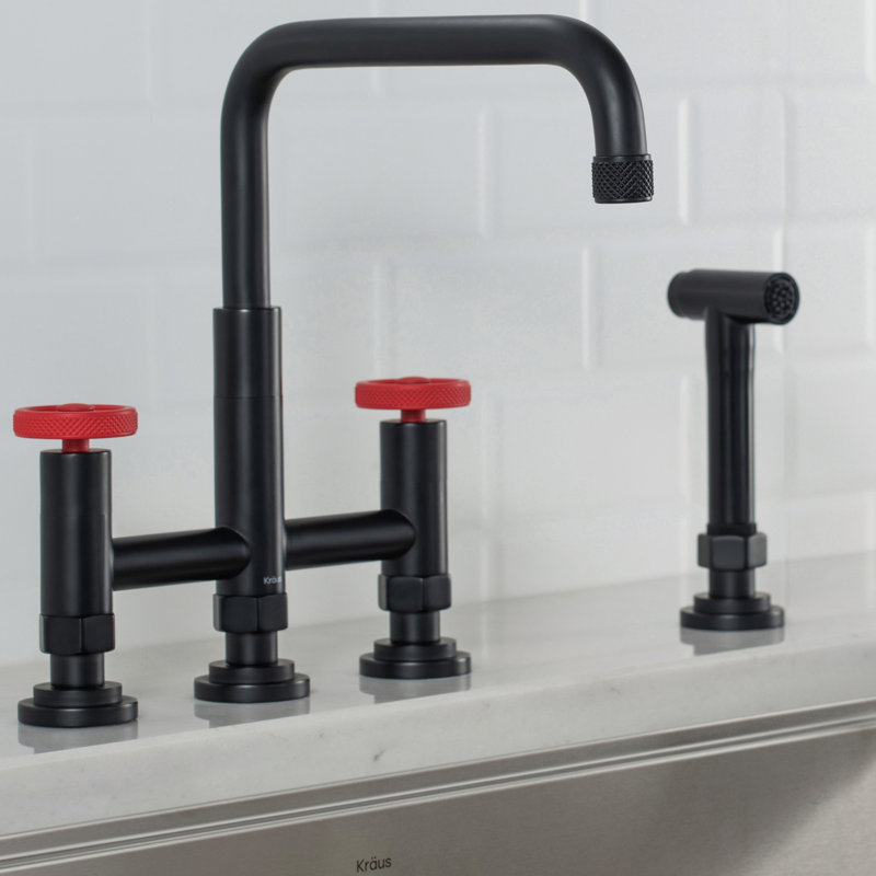 Urbix Bridge Faucet with Side Spray Included, Matte Black/Red