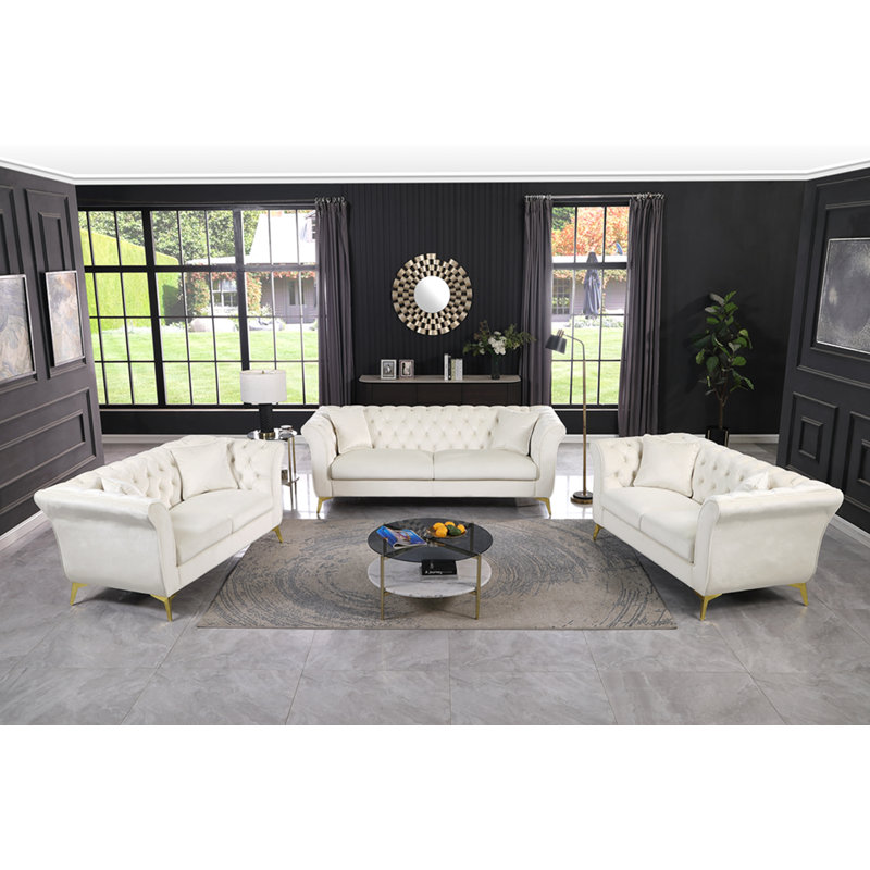 Canapé Chesterfield, canapé Stanford, canapé Chesterfield de haute qualité, canapé en tissu beige, touffeté et froissé; canapé Stanford contemporain. Canapé capitonné avec accoudoirs et dossier à volutes