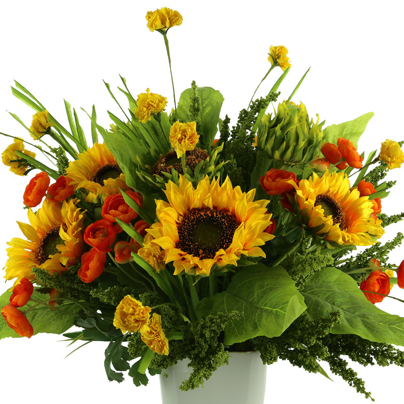 Sunflower and Ranunculus arrangement in Ceramic Vase