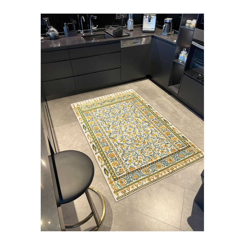 Tapis lavable décoratif à motif floral jaune et jaune, Sous-tapis rectangulaire 2 pi 6 po x 4 pi 11 po