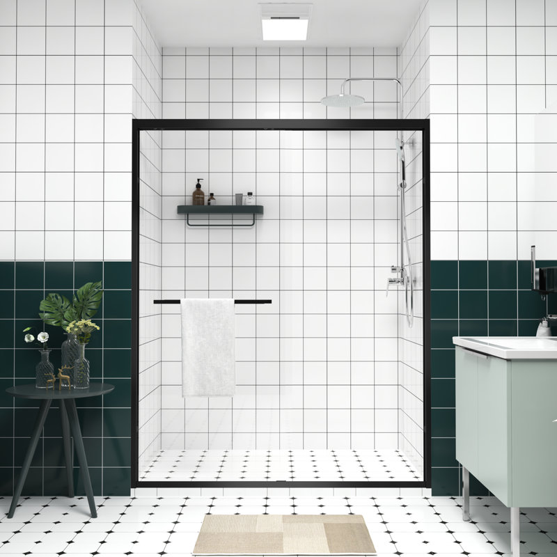 Aluminum Frame Double Sliding Glass Shower Enclosure With 1/4" (6mm) & Tempered Glass, Safe Design, - Crash Angle For Bathroom Rust Handle