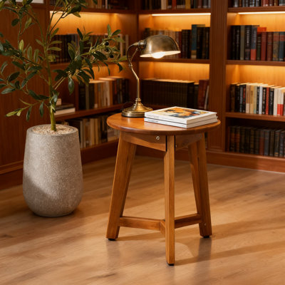 Solid Acacia Wood Round Side Table - Natural Finish End Table For Living Room Or Bedroom, Compact Accent Table With Sturdy Three-Leg Base