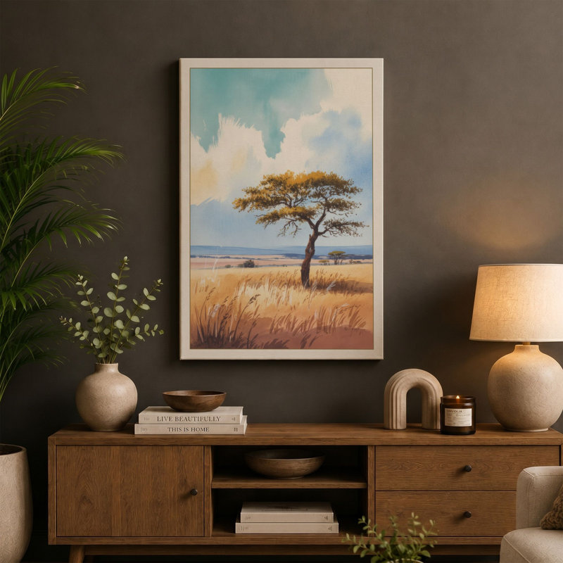 Acacia at Rest Boho 1 Piece Wrapped Canvas Wall Art, 30x20 - 76.2 x 50.8 cm, Teal Border