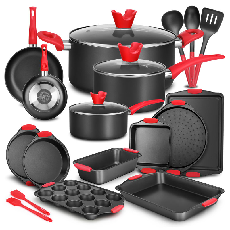 NutriChef 21-Piece Black and Red Non-Stick Cookware Set