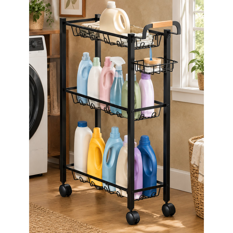 Chariot à linge noir en métal à 3 niveaux avec porte-détergent - Se range entre les laveuses et les sécheuses