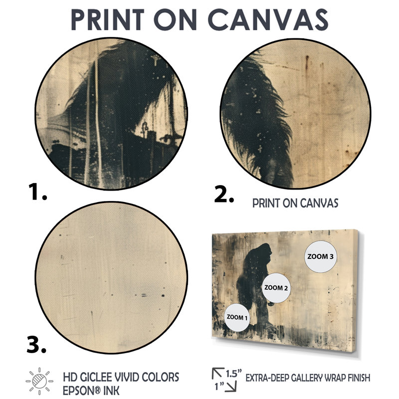 «Black Beige Shadow Silhouette Bigfoot», impression d'art mural Bigfoot, Toile avec cadre flottant or