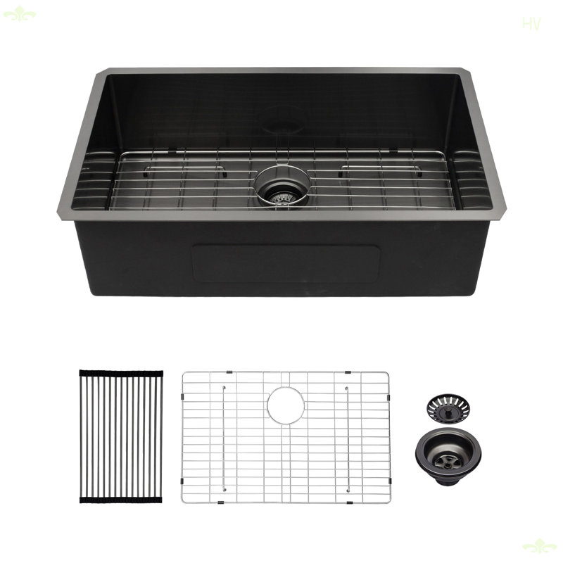 Évier de cuisine encastré à simple cuve en acier inoxydable 33 x 19 x 10 po, Noir mat