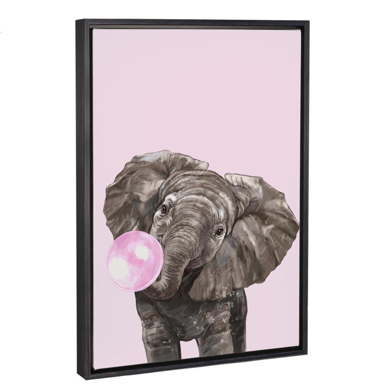 Art d’éléphant de gomme à bulles, H 60 po x l 40po x P 1,5 po, Toile avec cadre noir patiné