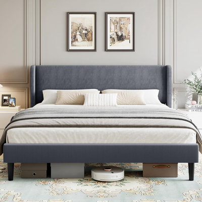 Platform Bed Frame With Upholstered Wingback Headboard, No Box Spring Needed