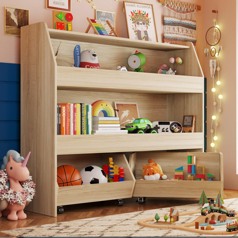 3-Tier Toy Storage & Organizer Bookshelf with Cubbies & 2 Removable Drawers - Kids Room Multi-Functional Storage Solution