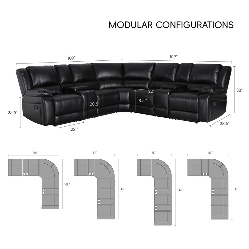 109" Wide Reversible Reclining Corner Sectional Sofa with Storage & Cup Holder, Black Faux Leather