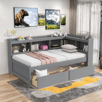 L-shaped Daybed With Bookcases, Charging Station And Two Drawers