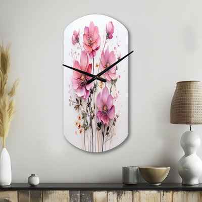 Pink Minimalism Pink Flower - Floral Cylinder Metal Wall Clock, Modern Asymmetrical Wall Clock Print