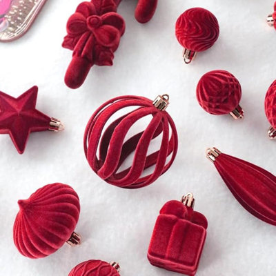 28Pcs Velvet Christmas Ornaments Set, Assorted Flocked Shatterproof Christmas Velvet Ornaments Hanging Tree Decorations For Holiday Home Party Decor