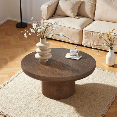 Elegant 35.98-inch Round Coffee Table with Cylindrical Legs - Dark Brown Wood Veneer, Perfect for Living Room or Office