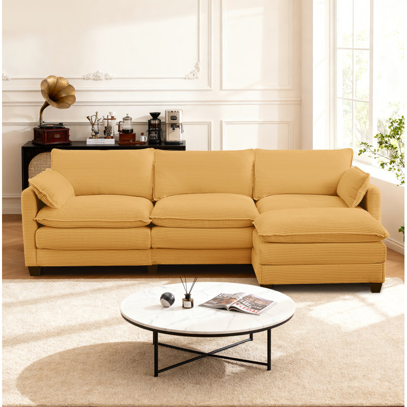 102" Corduroy L-Shaped Couch 3-Seater With Movable Ottoman, Brown