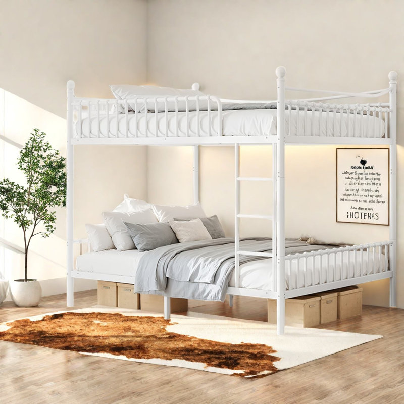 Lits superposés Queen gain de place, cadre en métal blanc, style ferme moderne pour la maison, White