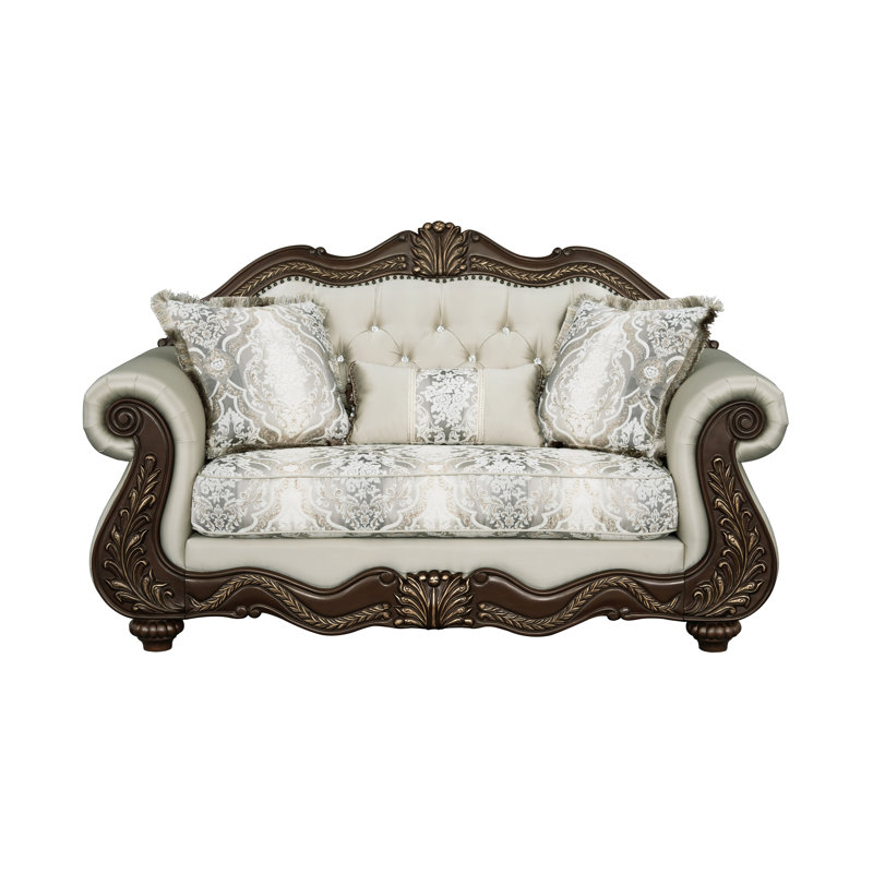 Causeuse Pierce en tissu beige et cerisier avec 3 coussins