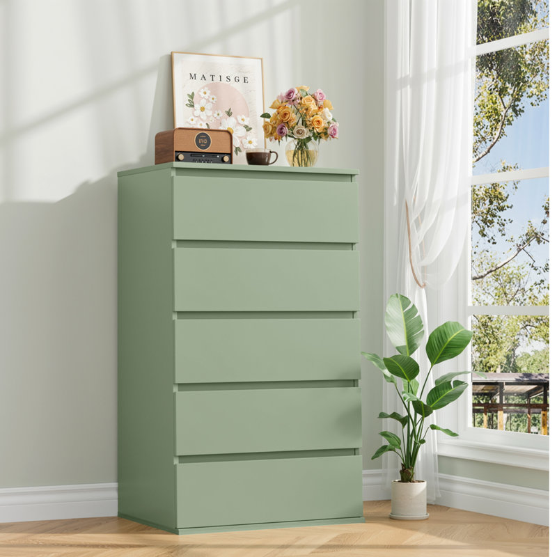 Commode en bois à 5 tiroirs de 23,6 po Jeramey, blanc moderne ou noir classique, Vert