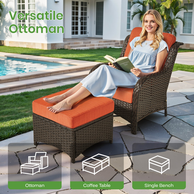 5 - Person Wicker Outdoor Conversation Set, Patio Sofa Set with Fire Pit and Cushions, Orange Red Cushion/Brown Frame