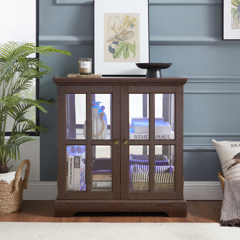 Armoire à finition antique avec tablettes réglables en verre, éclairage à DEL, cerisier pour les lumières de la maison, décor décoratif