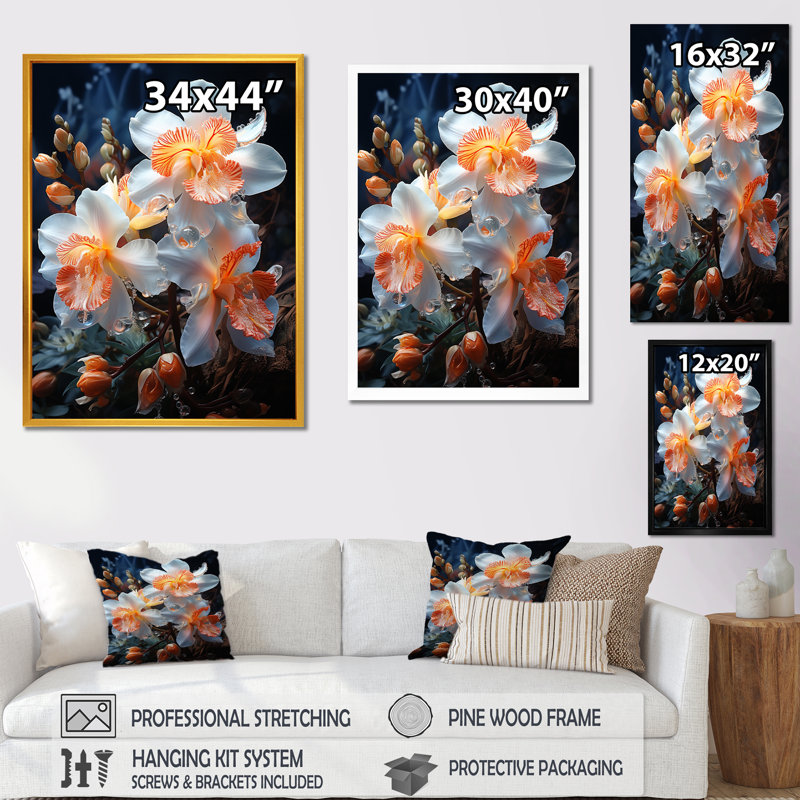 Orchidées élégantes II - art mural orchidées, Cadre flottant doré, H 20 po x l 12 po x P 1 po