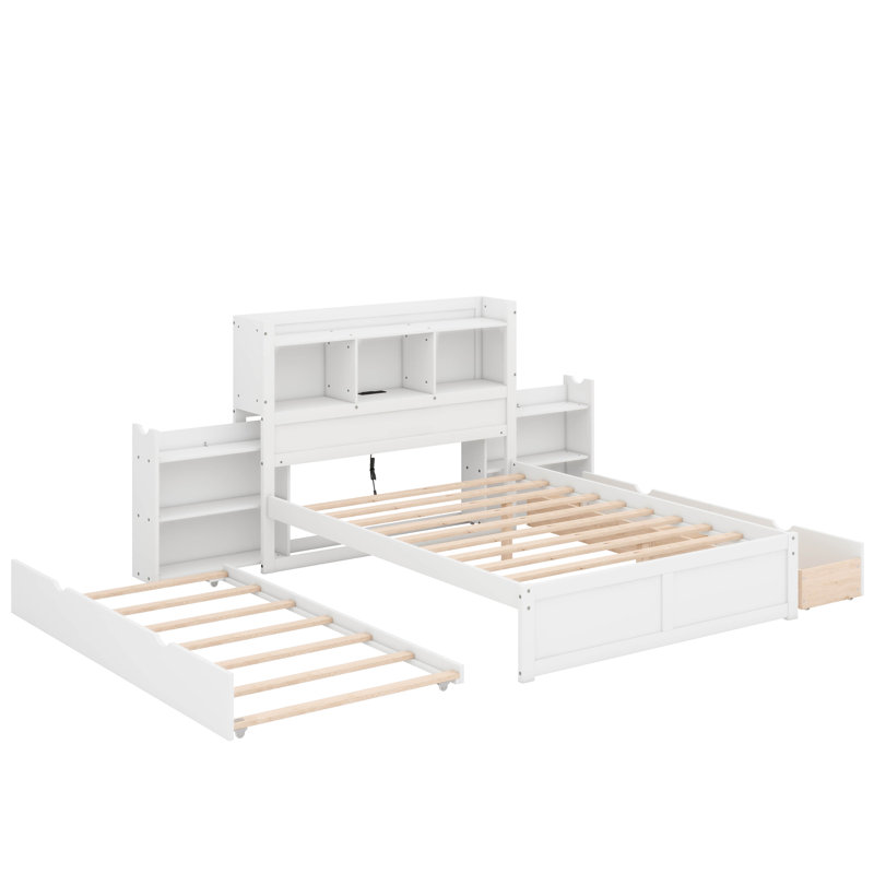 Lit plateforme double avec tablettes coulissantes, Blanc