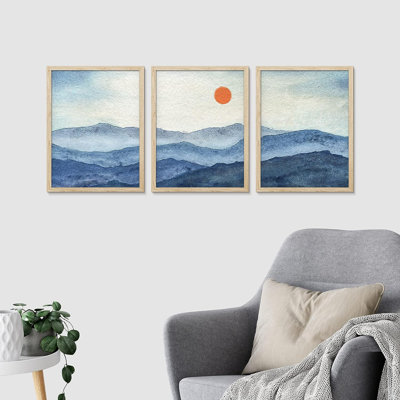 Idea4WALL, art mural encadré Blue Mountain Range, ensemble de 3 impressions murales paysage soleil rouge, décoration murale nature sauvage pour salon, chambre à coucher 3 pièces