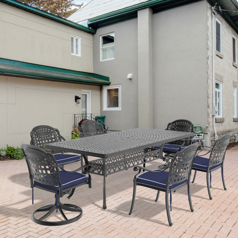 Ensemble de salle à manger 7 pièces en fonte d'aluminium toutes saisons comprenant 2 chaises pivotantes, 6 chaises et une table rectangulaire avec cadre noir