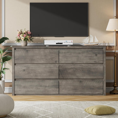 Commode 6 tiroirs sans poignée, commode de rangement moderne en bois pour chambre à coucher, salon, finition grise