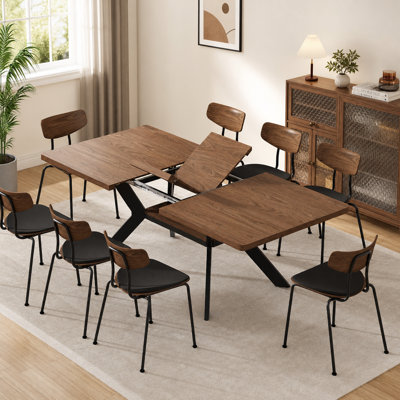 55.1" to 70.86" Rectangular Solid Wood Dining Table with Butterfly Leaf, Extendable Dining Table Seats 4-8, Farmhouse Style Kitchen Table for Dining Room