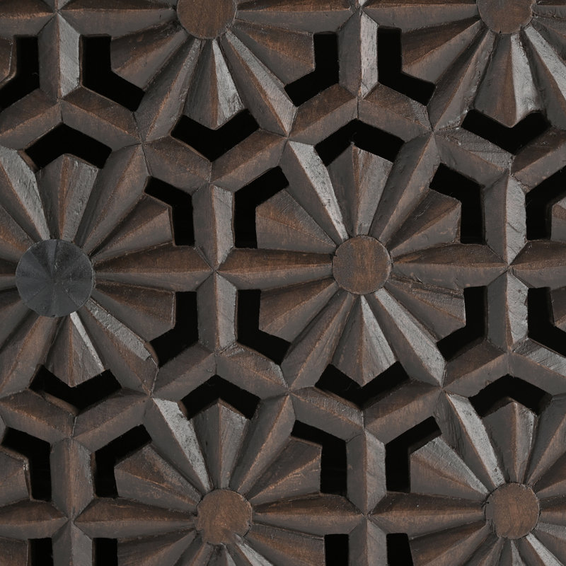 Regina Walnut Stain Wooden 2 Shelved Doored Cabinet Sideboard - Decorative Floral Lattice Design