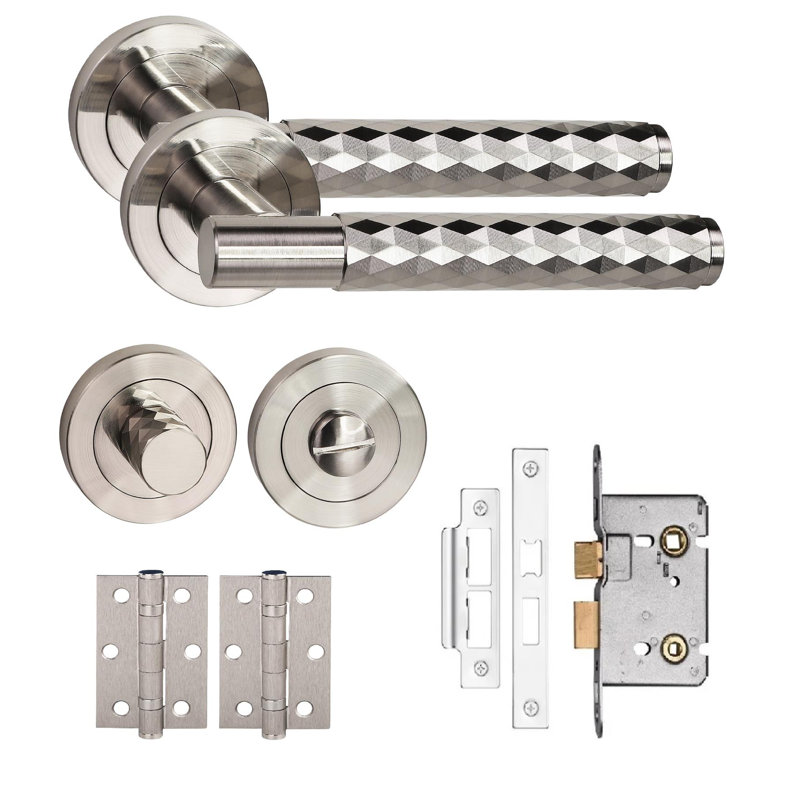 Golden Grace Knurled Diamond Cut T-Bar Bathroom Door Handle Set with Matching Key Hole Escutcheon