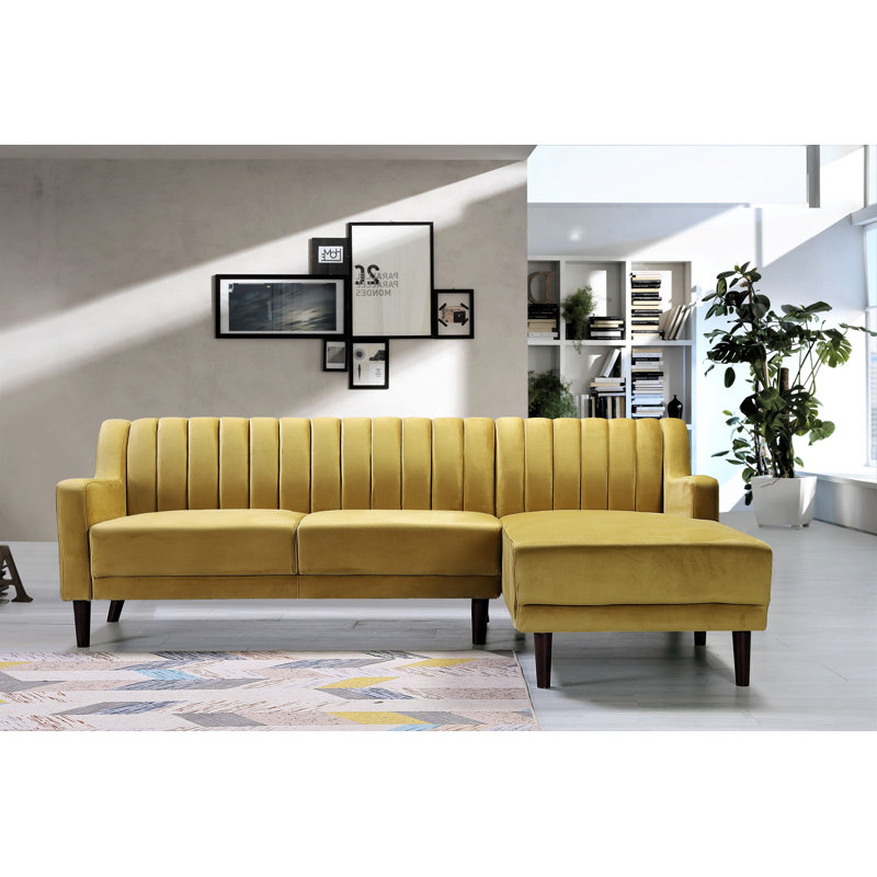 Chi Velvet L-Shaped Sectional, Strong Yellow, Right Hand Facing