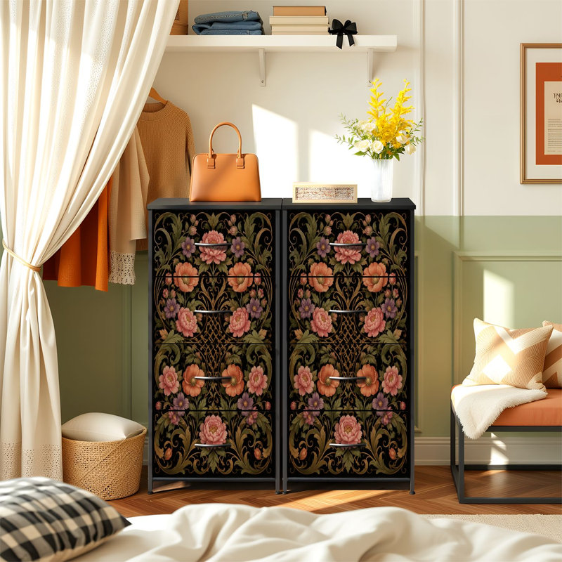 Commode à 4 tiroirs avec tiroirs verticaux rétro et pivoines roses