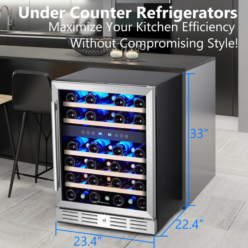 Réfrigérateur à vin à deux zones de 23,4 po Kalamera, refroidisseur à vin encastré autoportant avec contrôle tactile, porte en verre trempé et supports en bois détachables, mini-réfrigérateur compact pour bar de cuisine