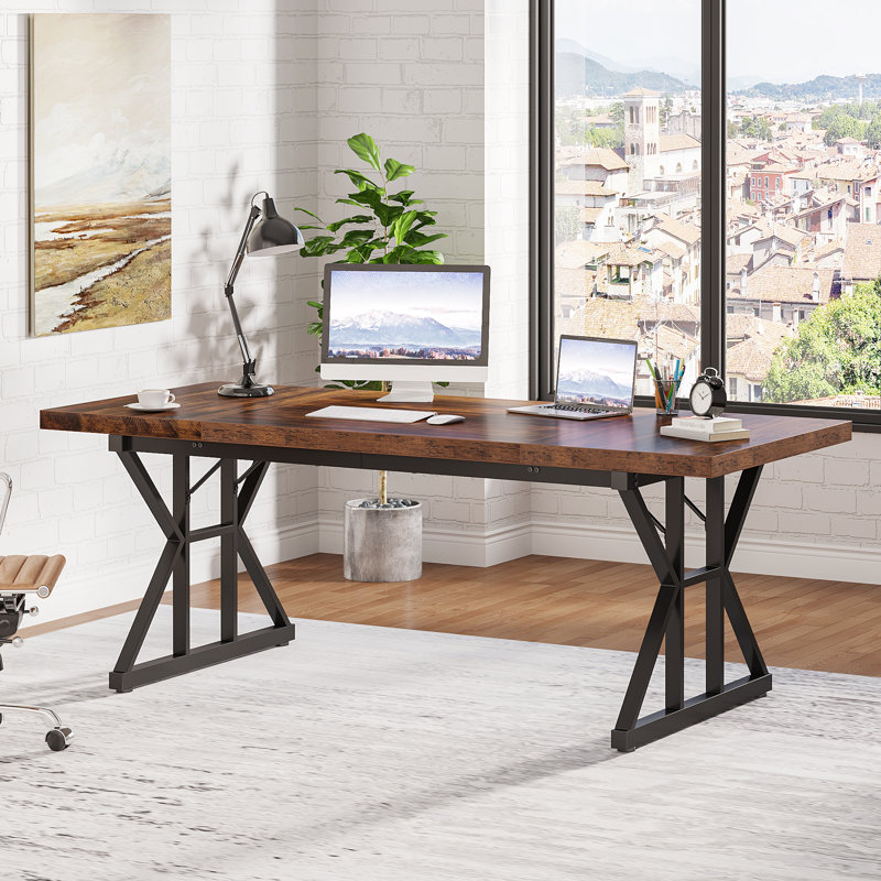 Metal Base Computer Desk, 29.52" H x 70.87" W x 31.49" D, Brown/Black
