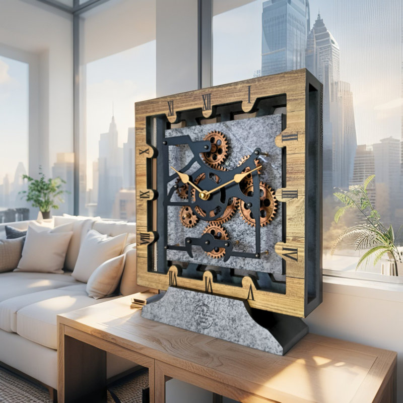 Horloge de bureau carrée en bois 10 pouces avec engrenages mobiles réels (transformable en horloge murale - base amovible) Collection Canada
