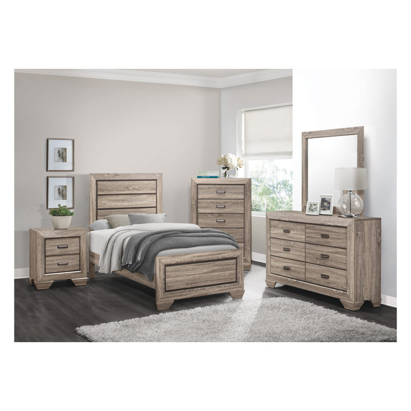 Ensemble de chambre à coucher avec lit plateforme Evynn, Grand, Beige, 4 pièces : table de chevet, lit, commode, miroir
