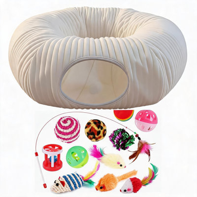 Large Cat Tunnel Bed with Toys - 2-in-1 Foldable Peekaboo Cave for Cats - 34in Soft Plush Donut Tube - White