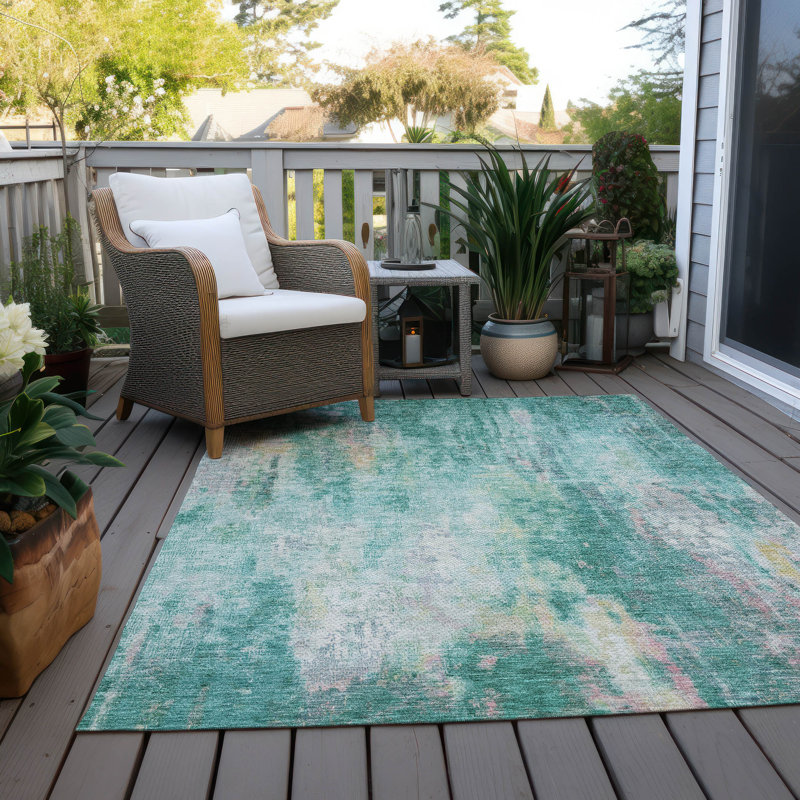 Machine Washable Indoor/Outdoor Claudian ACN1640 Teal Rug, Rectangle 5' x 7'6"