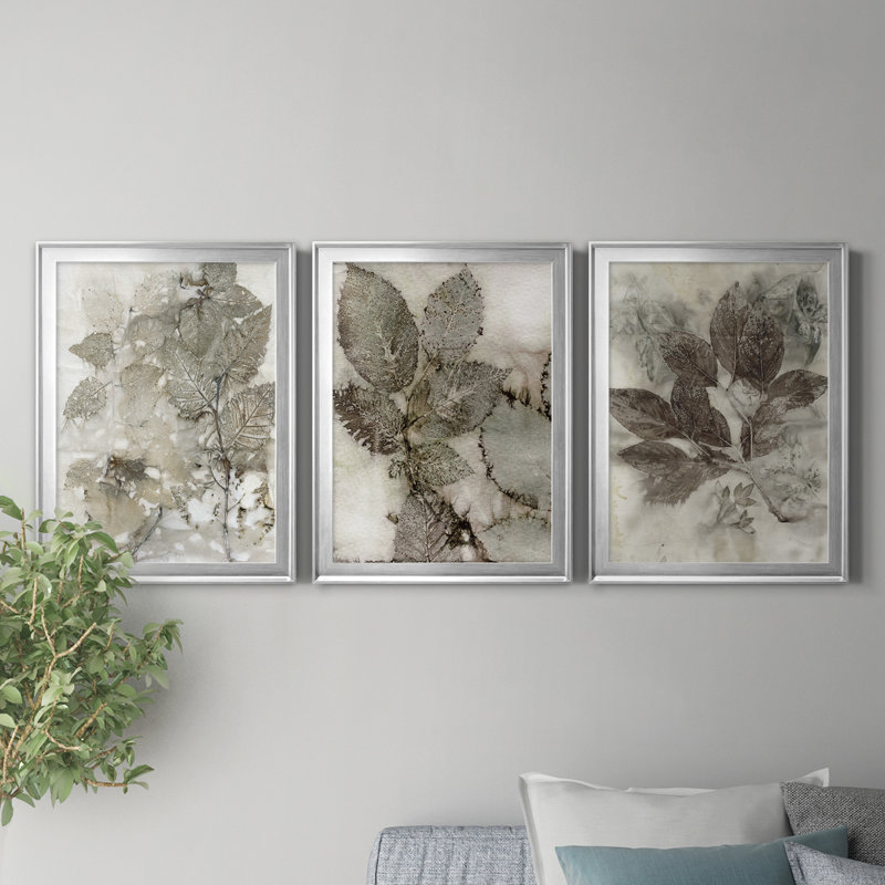 Birch Leaves I - Ensemble de 3 peintures sur toile encadrées, Argent, H 22,5 po x l 91,5 po x P 1,5 po