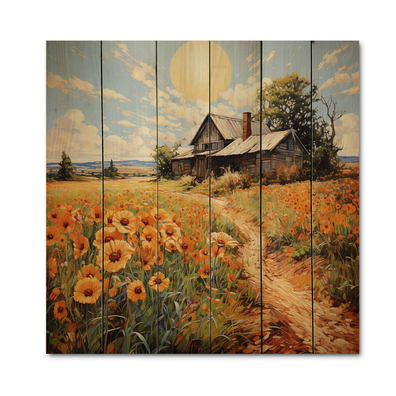 Farmill Sunlit Haven Pointillism II - reproduction de campagne sur bois de pin naturel, H 30 po x l 30 po x P 0,78 po