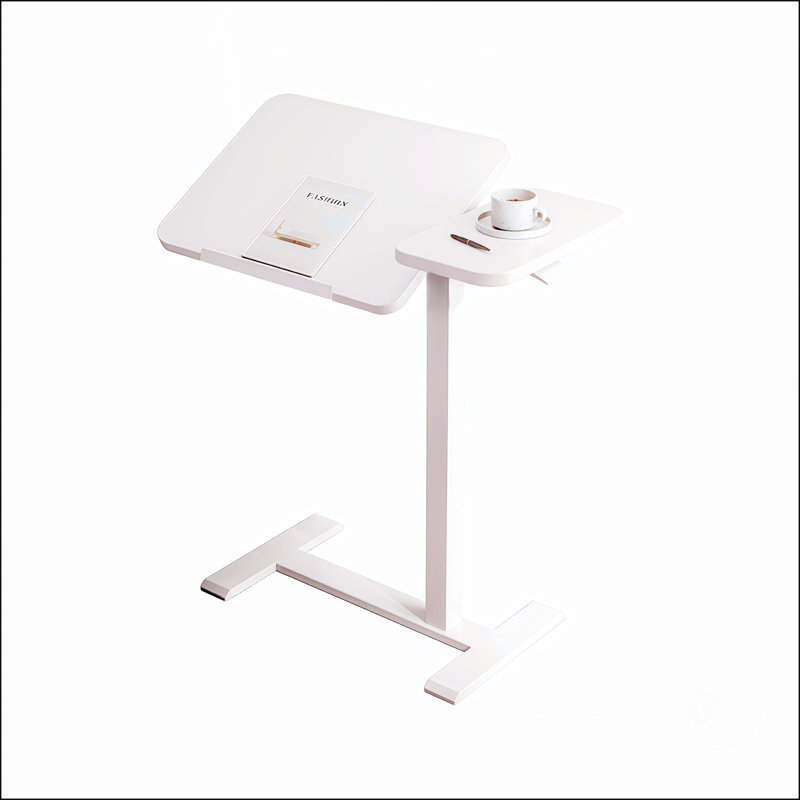 Adjustable Overbed Table With Wheels, Ergonomic Tilting Laptop Stand For Bed And Sofa, Height Adjustable Mobile Desk, White