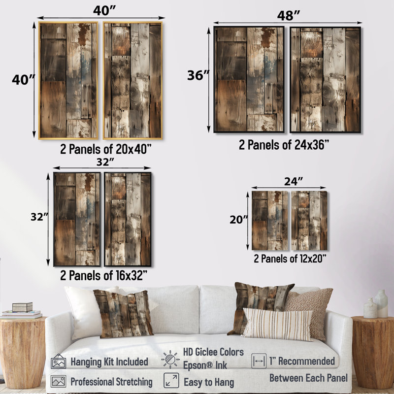 Rustique bois de grange patiné - art mural surdimensionné de grange surdimensionné 2 pièces, H 40 po x l 40 po