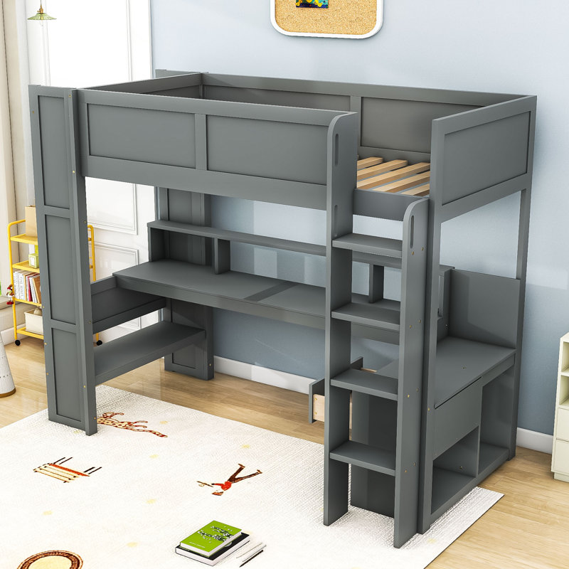 Jazlena Wood Loft Bed with Desk and Drawer, Shelves, Twin