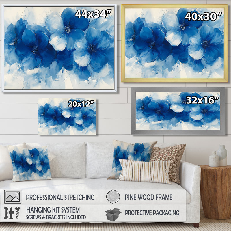 Ellerbe fleurs bleues arc-en-ciel dans l'herbe II - fleurs sauvages, Impression encadrée flottante, H 16 po x l 32 po, Blanc