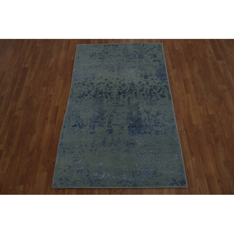 Tapis oriental moderne abstrait à motif abstrait bleu subtil 3 x 6